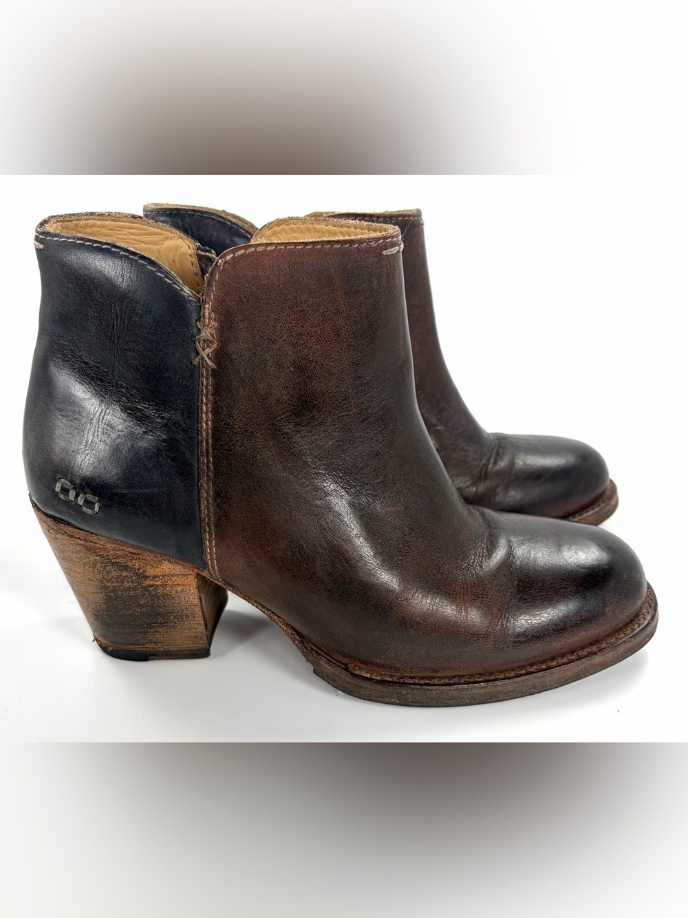 BED STU Yell Womens Leather Ankle Boots Two Tone Brown Black Block Heel Sz 8